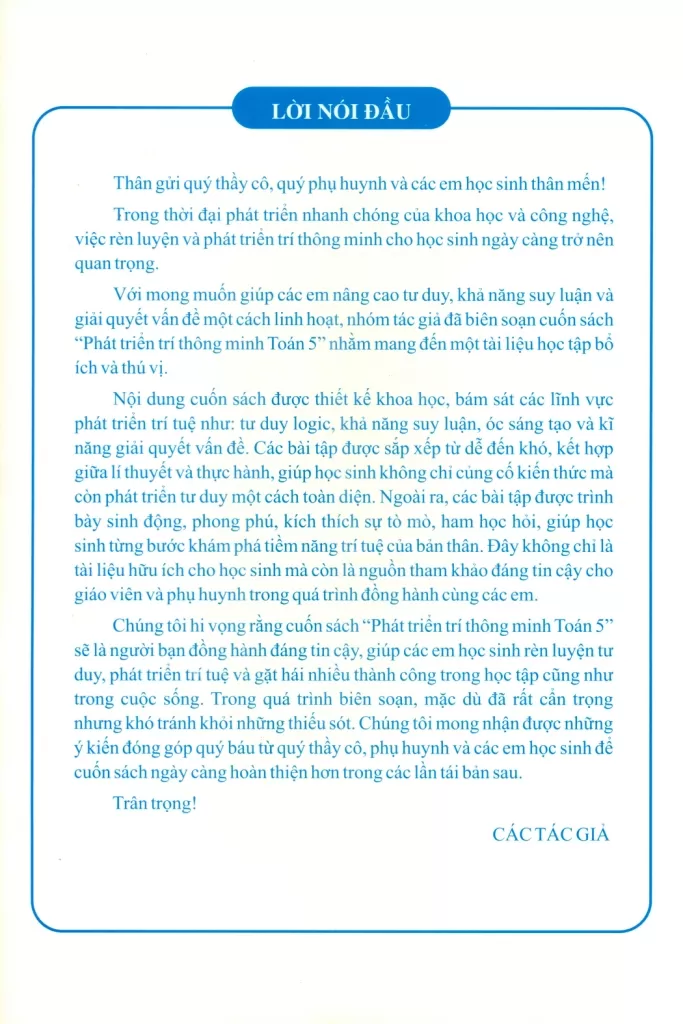PHÁT TRIỂN TRÍ THÔNG MINH TOÁN LỚP 5 (Dùng chung cho các bộ SGK hiện hành)
